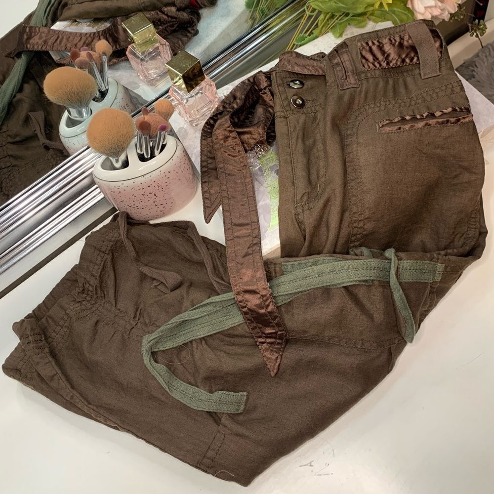 Paradise Brown Belted Tie Accent Loose Fit Linen Cargo Pants
